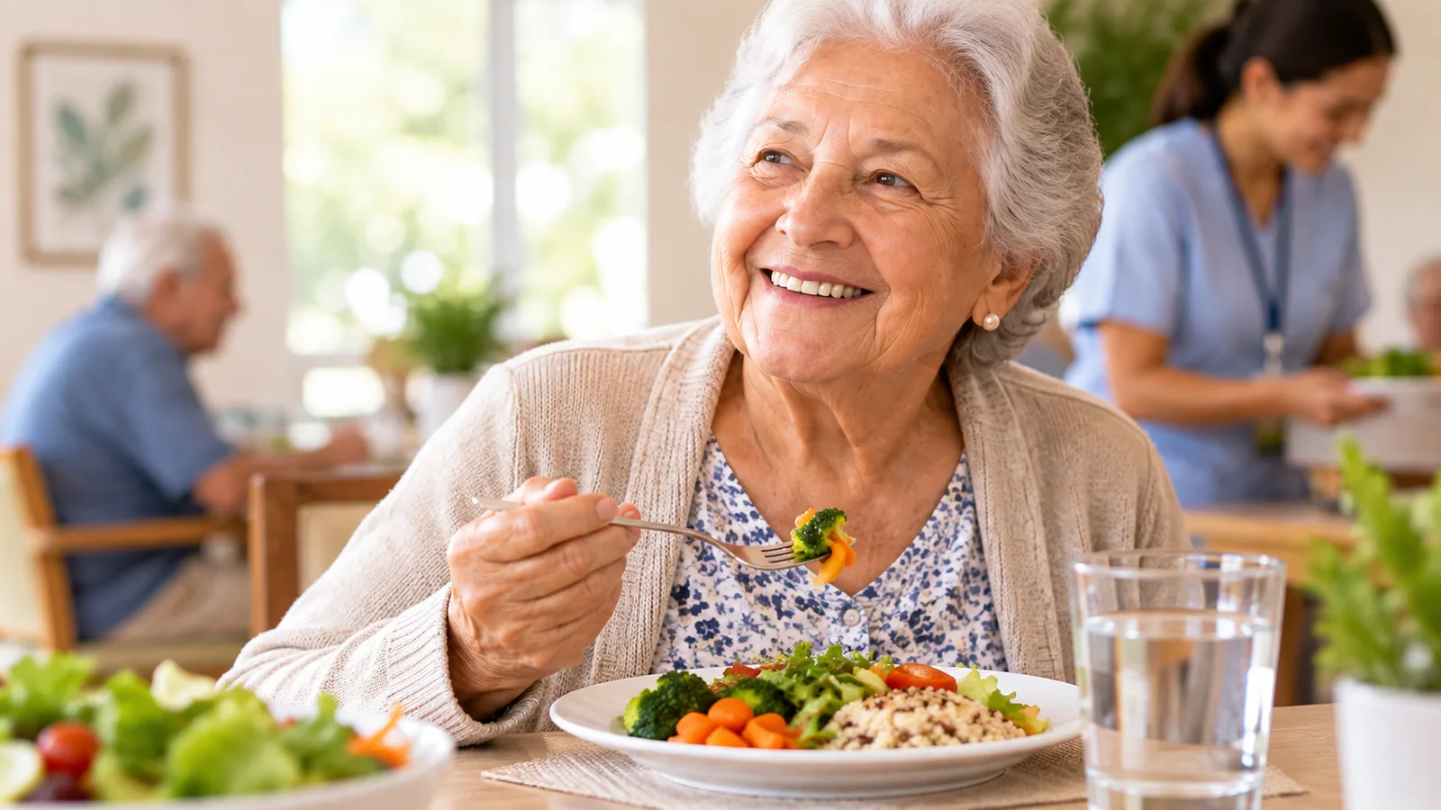 Idosa sorrindo durante uma refeição com legumes, salada, grãos e um copo de água